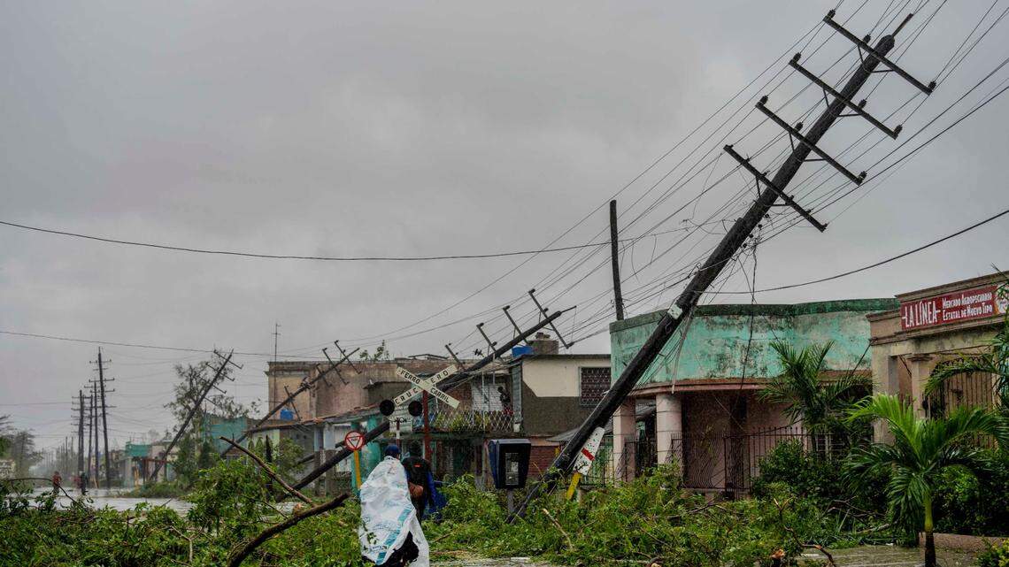 Electric poles were blown askew in Pinar del Río, Cuba, during Hurricane Ian.
