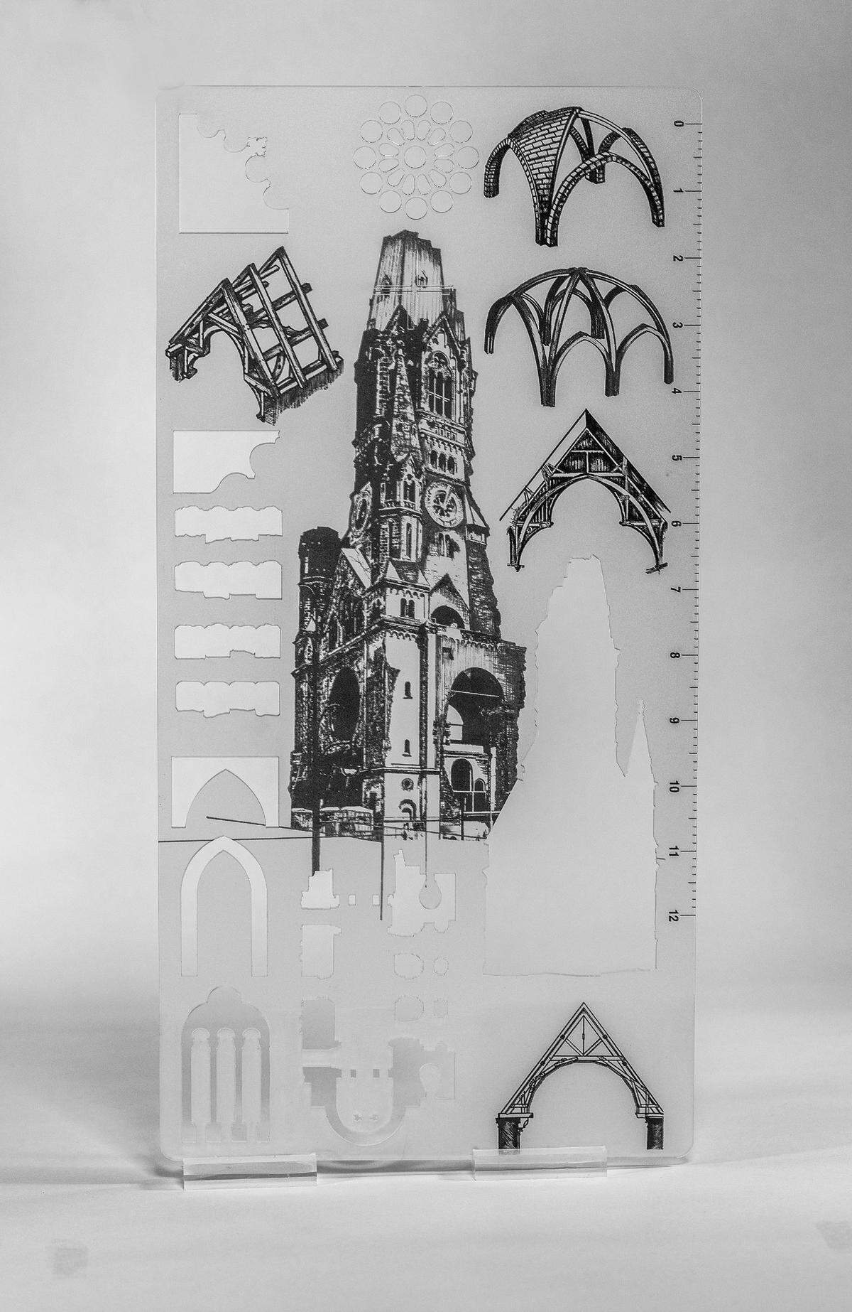 “Kaiser Memory Church’, 2024, de la serie ‘Firmitas, Utilitas et Venustas’. Corte láser e impresión sobre acrílico, 16 x 8 pulgadas.