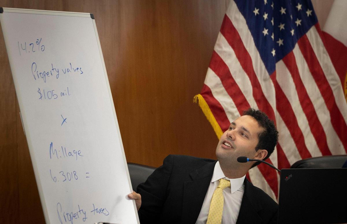 Hialeah City Councilman Bryan Calvo asks what will happen to property taxes in the proposed budget during a Hialeah City Council meeting on Wednesday, September 13, 2023 at Hialeah City Hall.