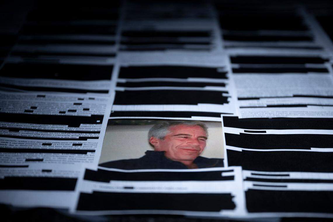 This photo illustration shows redacted documents from the Epstein Library files released by the U.S. Department of Justice in Washington, D.C., on February 18, 2026. 