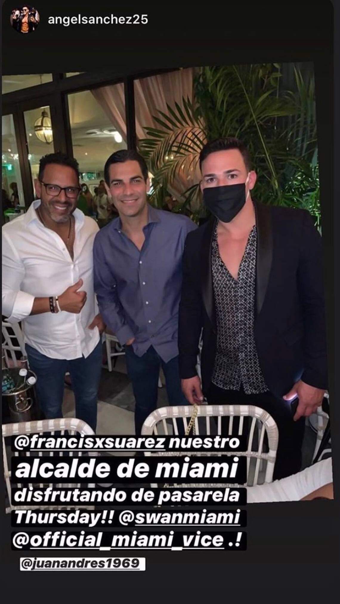 Miami Mayor Francis Suárez caught some grief for posing with these two knuckleheads at Swan the first time restaurants reopened.