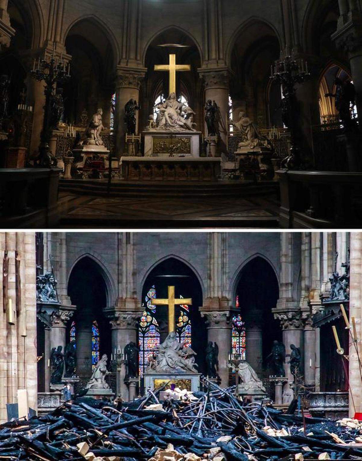 Combinación de imágenes muestra el interior de la catedral Notre Dame de París en junio del 2018 (arriba) y el 16 de abril del 2019, un día después que un voraz incendio destruyera gran parte de la icónica estructura.