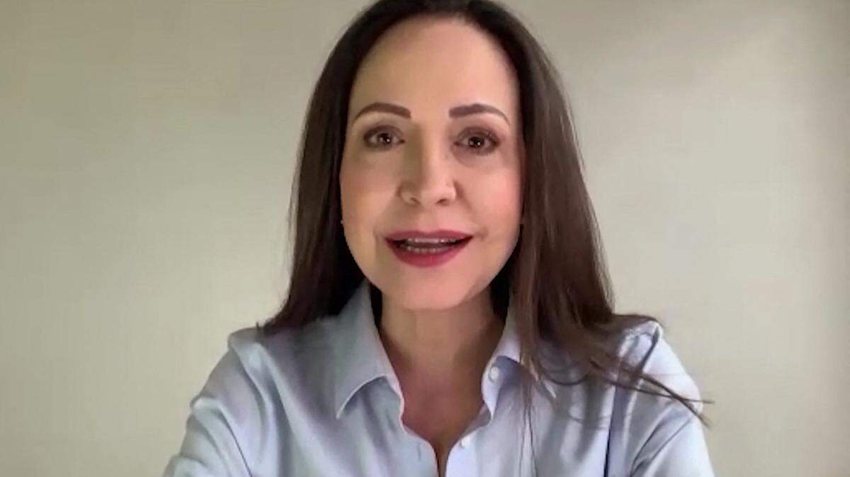 Screen grab shows Venezuela's opposition leader Maria Corina Machado gesturing during an AFP interview via Zoom in Caracas on May 15, 2025. Machado, who has called for a boycott of May 25 gubernatorial and legislative elections, on Thursday vowed polling stations would be "empty" 10 months after President Nicolas Maduro's disputed reelection. (Photo by AFP VIDEOGRAPHICS / AFP) (Photo by AFP VIDEOGRAPHICS/AFP via Getty Images)