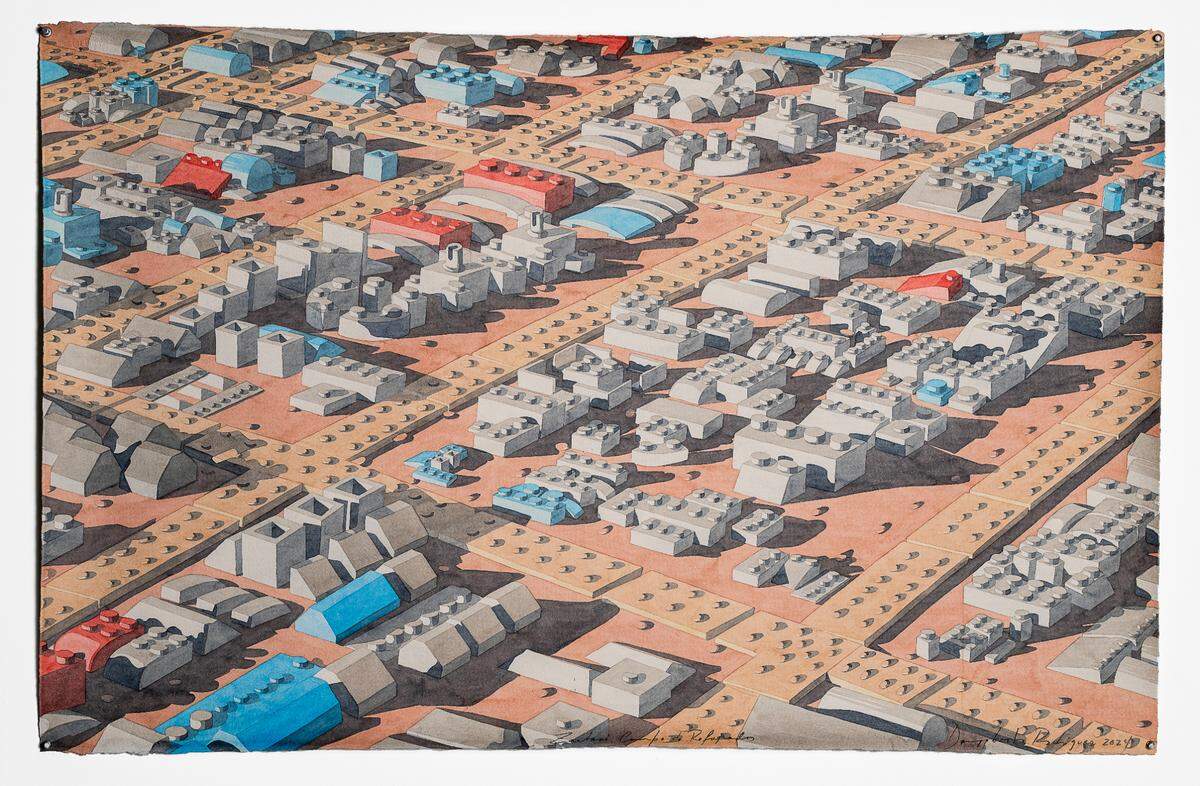 ‘Zaatari, campo de refugiados’, 2024, de Dagoberto Rodríguez. Acuarela sobre papel 26 x 40.5 pulgadas.