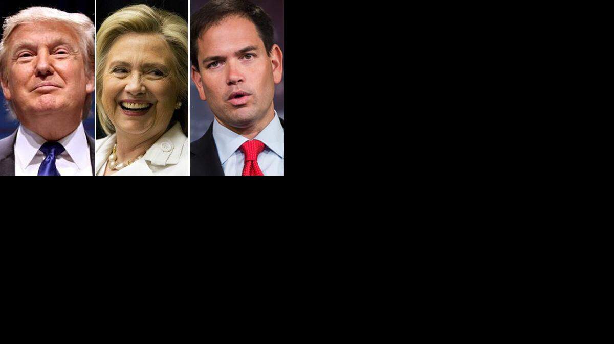 Los candidatos presidenciales, Donlad Trump, Hillary Clinton y Marco Rubio.