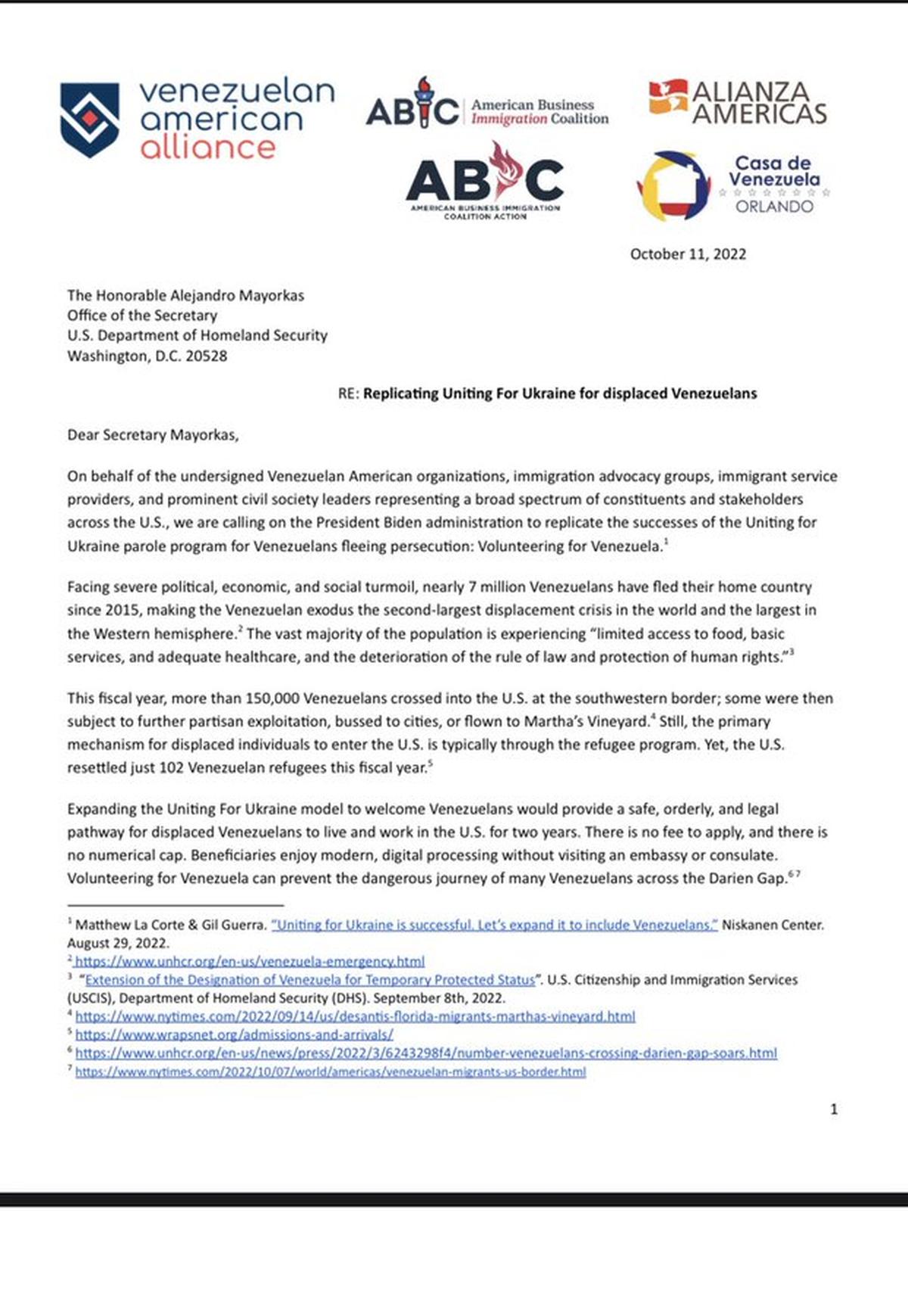 Carta enviada al secretario de Seguridad Nacional, Alejandro Mayorkas.