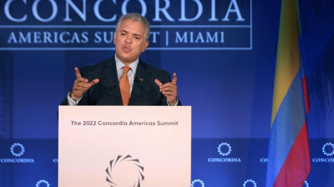 President Iván Duque Márquez of Colombia gives his keynote remarks after receiving the Leadership Award during the Concordia Americas Summit held at the University of Miami Shalala Center on Wednesday, July 13, 2022, in Coral Gables, Florida.