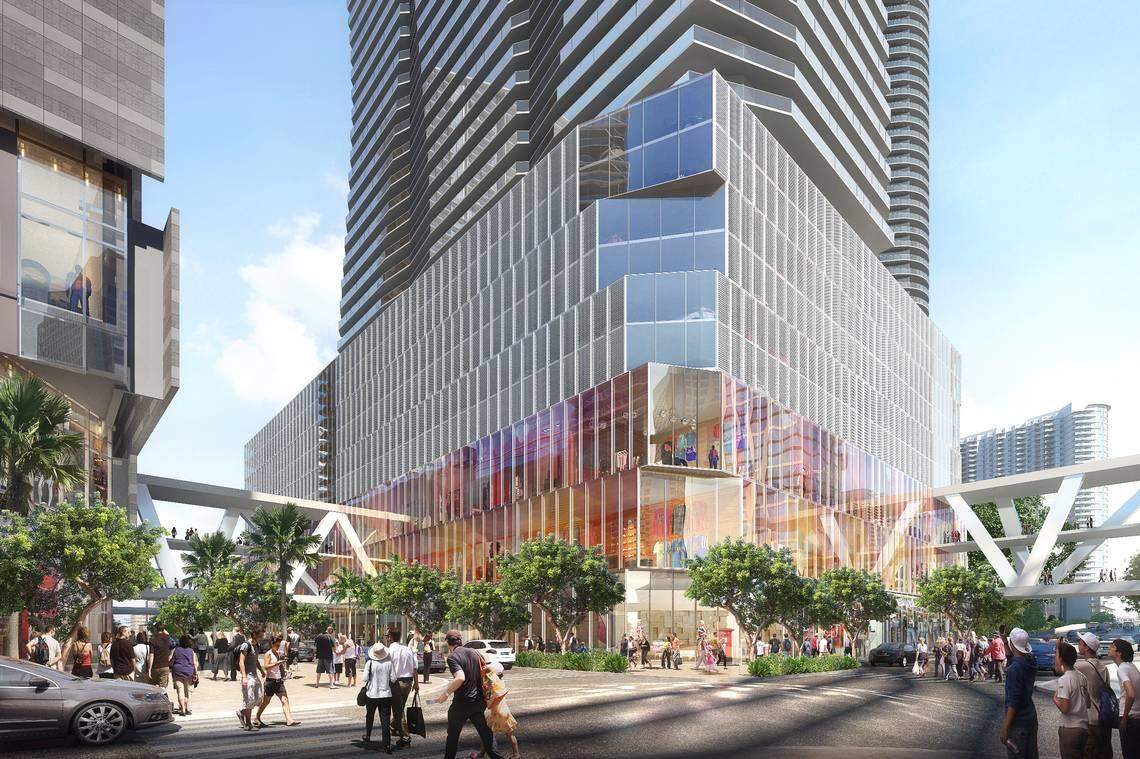 Una representación de la nueva torre residencial en el Brickell City Center con tiendas en la parte inferior, que estaría conectada al complejo existente de tres manzanas por un puente sobre la calle.