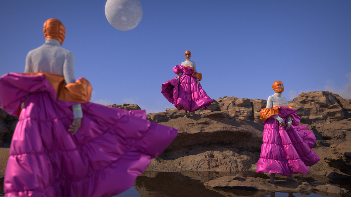 Un diseño digital que muestra tres personas con sombrero naranja y chaqueta naranja con rosado en un paisaje rocoso.