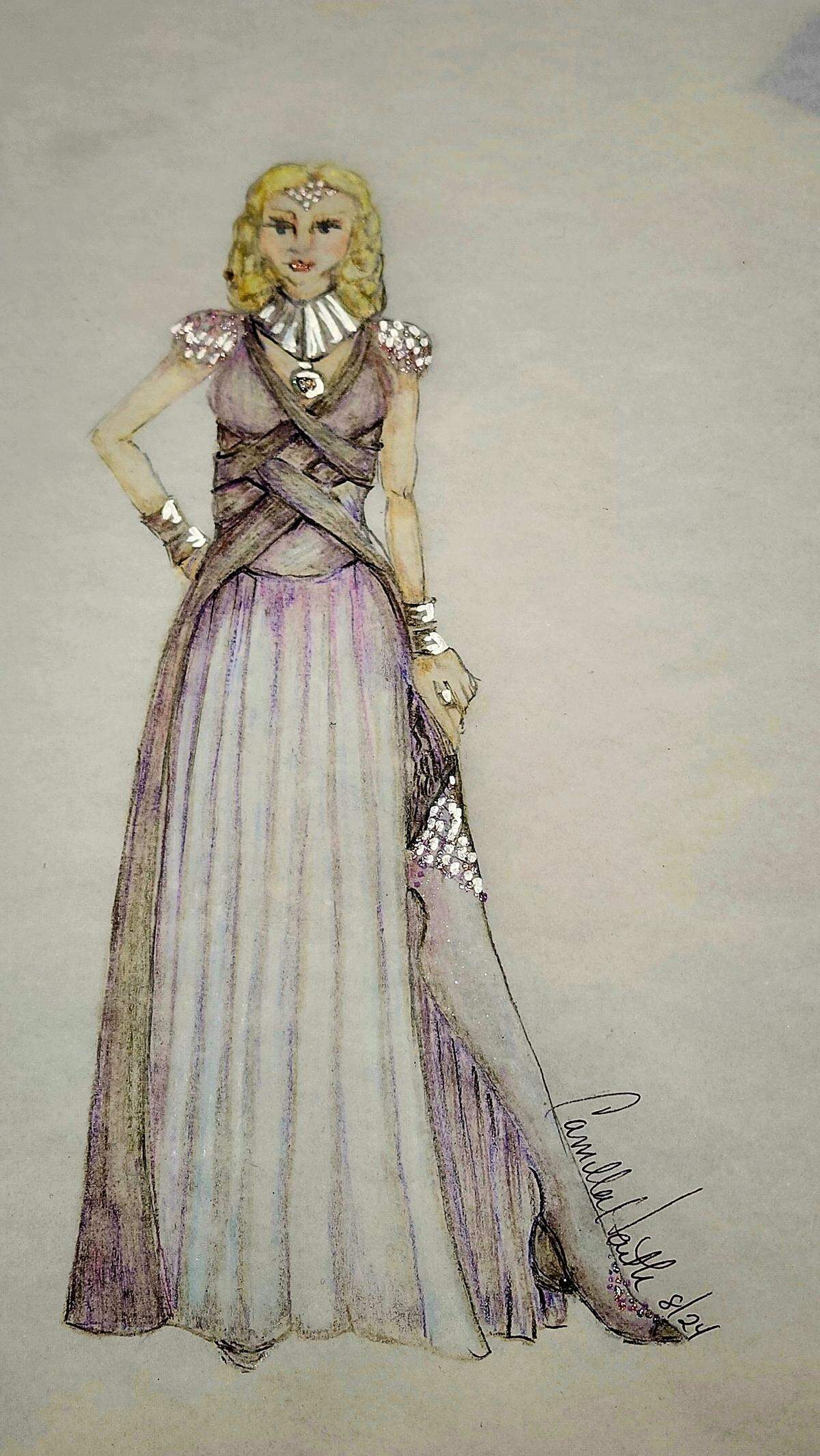 Boceto del fantástico traje de Pamina, interpretado por Sarah Kennedy y diseñado por Camilla Haith.
