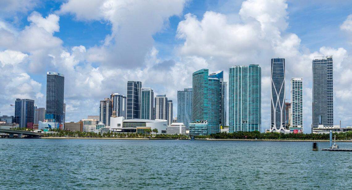 A view of the Miami skyline off Biscayne Bay includes condos in a file photo from December 2024.