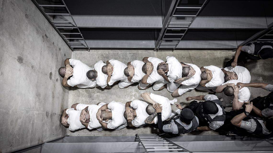 Venezuelan immigrants deported by the United States are admitted to the Terrorism Confinement Center (CECOT) in Tecoluca, El Salvador, on Saturday, March 15, 2025.