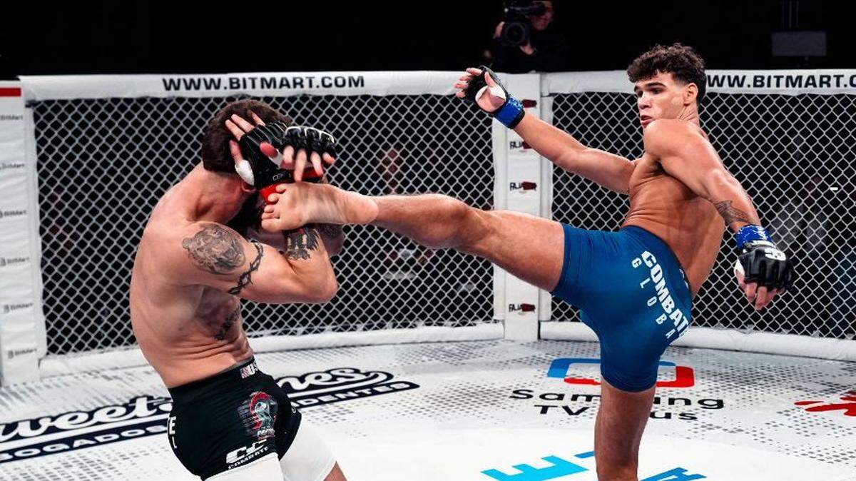 El fenómeno estadounidense invicto Jaden Ortega (derecha) intentará derribar a otro veterano con más experiencia, el mexicano Iván “Choko’’ Castillo, en el combate estelar de las 170 libras de Combate Global, el jueves 17 de julio en vivo desde Miami por YouTube y Samsung TV Plus.