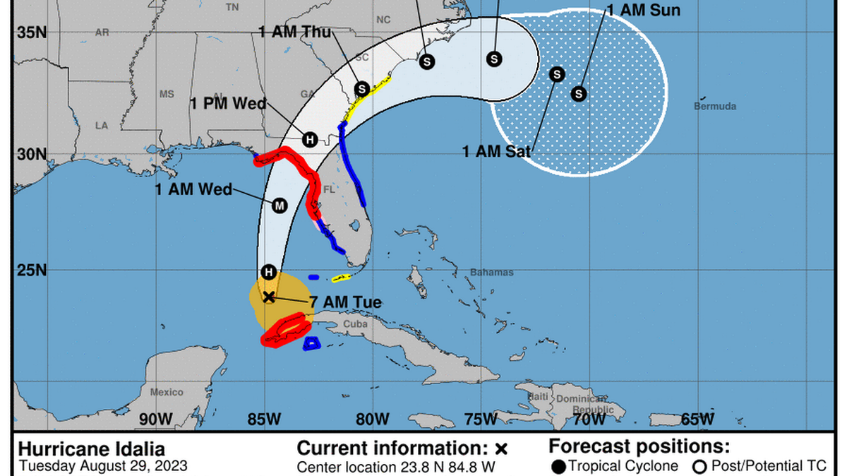 Mapa del pronóstico de la trayectoria del huracán Idalia.