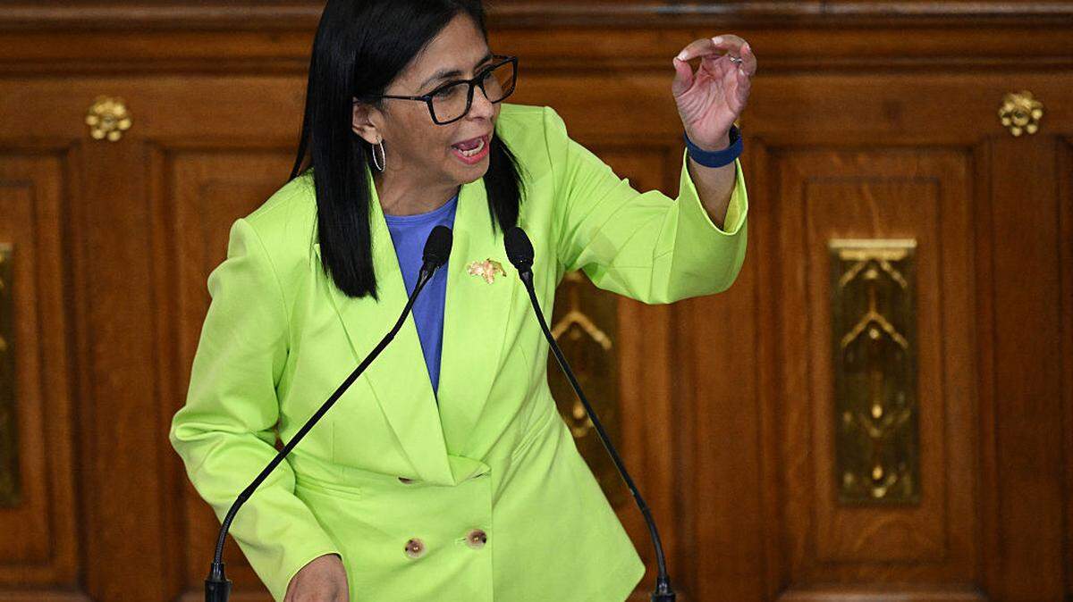 Venezuela's interim President Delcy Rodriguez gestures as she speaks during a presidential address to Parliament at the National Assembly in Caracas on January 15, 2026. 
