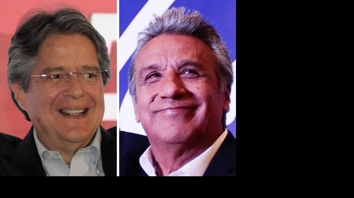 Guillermo Lasso y Lenin Moreno, candidatos presidenciales de Ecuador, celebran al conocerse los resultados de encuestas a boca de urna.  