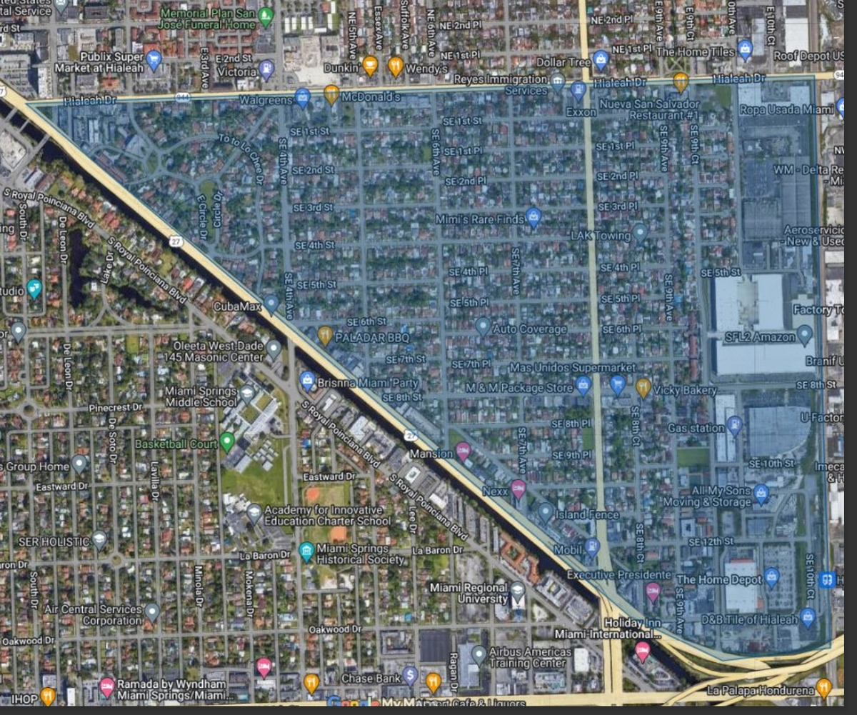 La primera opción de la Agencia de Reurbanización Comunitari (CRA) propuesta por el concejal de Hialeah, Bryan Calvo, tendría una extensión de 481 acres, en un área delimitada al norte por Hialeah Dr, al sur por la autopista SR 112, al oeste por Okeechobee Road y al este por la estación del Trail Rail.