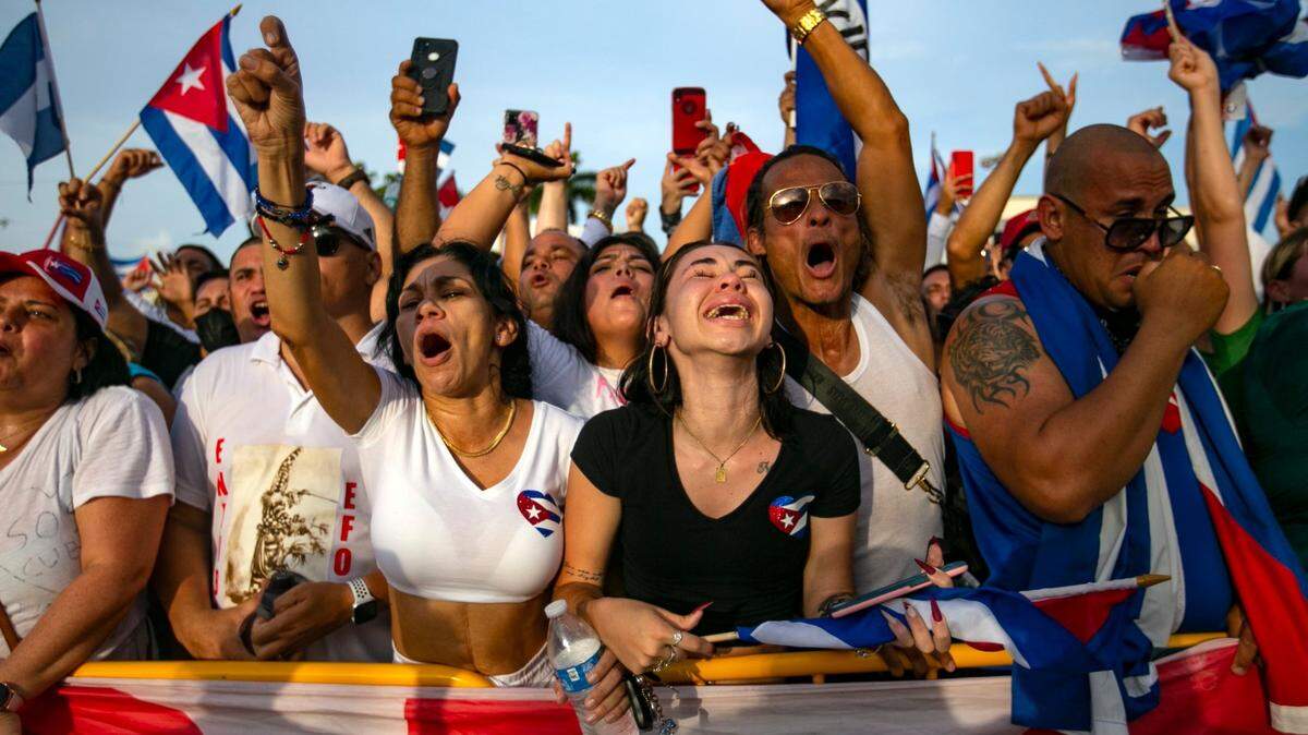 Activists chant during a rally on Calle Ocho near Versailles Restaurant in Miamis Little Havana neighborhood on Wednesday, July 14, 2021. The rally was held in solidarity with the protests happening in Cuba.