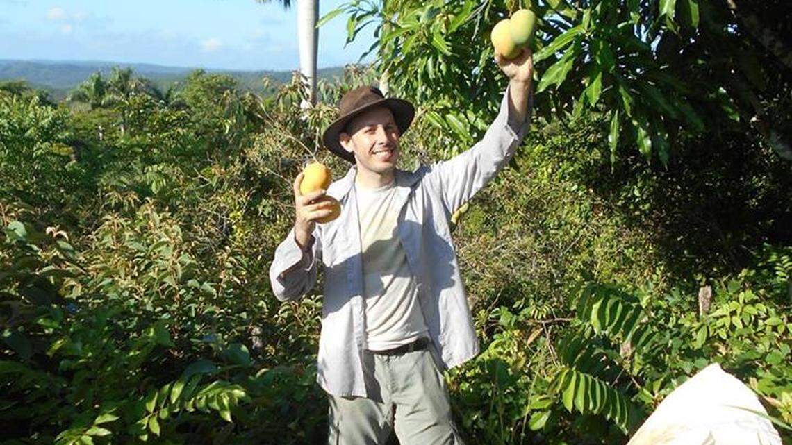 The biologist Ariel Ruiz Urquiola showing the mangoes at his farm "El Infierno"