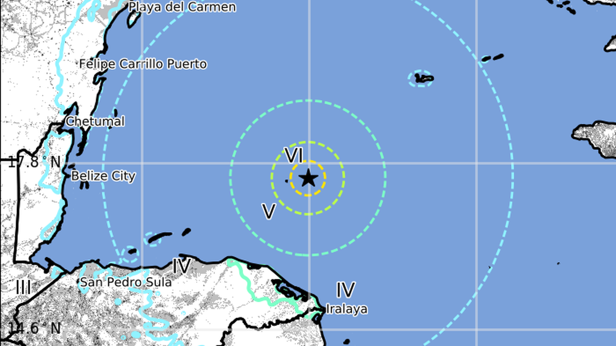 Imagen del Servicio Geológico de los Estados Unidos (USGS) que muestra el epicentro (marcado con una estrella) del terremoto de magnitud 7.8 en la escala de Richter que sacudió este martes 9 de enero de 2018 las áreas entre Honduras y Cuba.