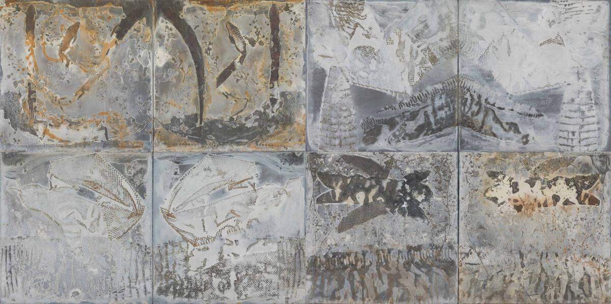 ‘Sin título’, 2015, mixta sobre lámina de metal, 47 x 94.4 pulgadas (Políptico).
