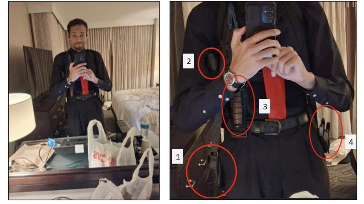 Esta imagen, difundida como parte del memorando del Gobierno de EE.UU. en apoyo a la detención previa al juicio, muestra a Cole Tomas Allen, el sospechoso del tiroteo ocurrido en Washington durante la cena anual de la Asociación de Corresponsales de la Casa Blanca, dentro de su habitación de hotel en el Washington Hilton en Washington, DC, el 25 de abril de 2026, en una imagen compuesta distribuida el 29 de abril de 2026 por el Departamento de Justicia de EE.UU. en Washington.