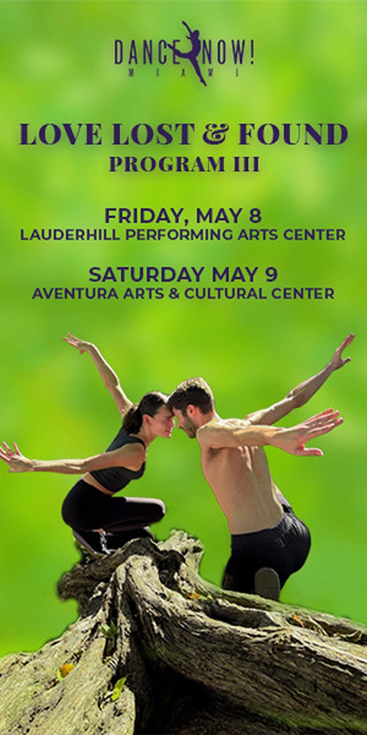Anuncio promocional digital en el que aparecen Kirsten Velasco y Austin Duclos, bailarines de Dance NOW! Miami (DNM) en “Desamor…”, estreno mundial de Hannah Baumgarten. 