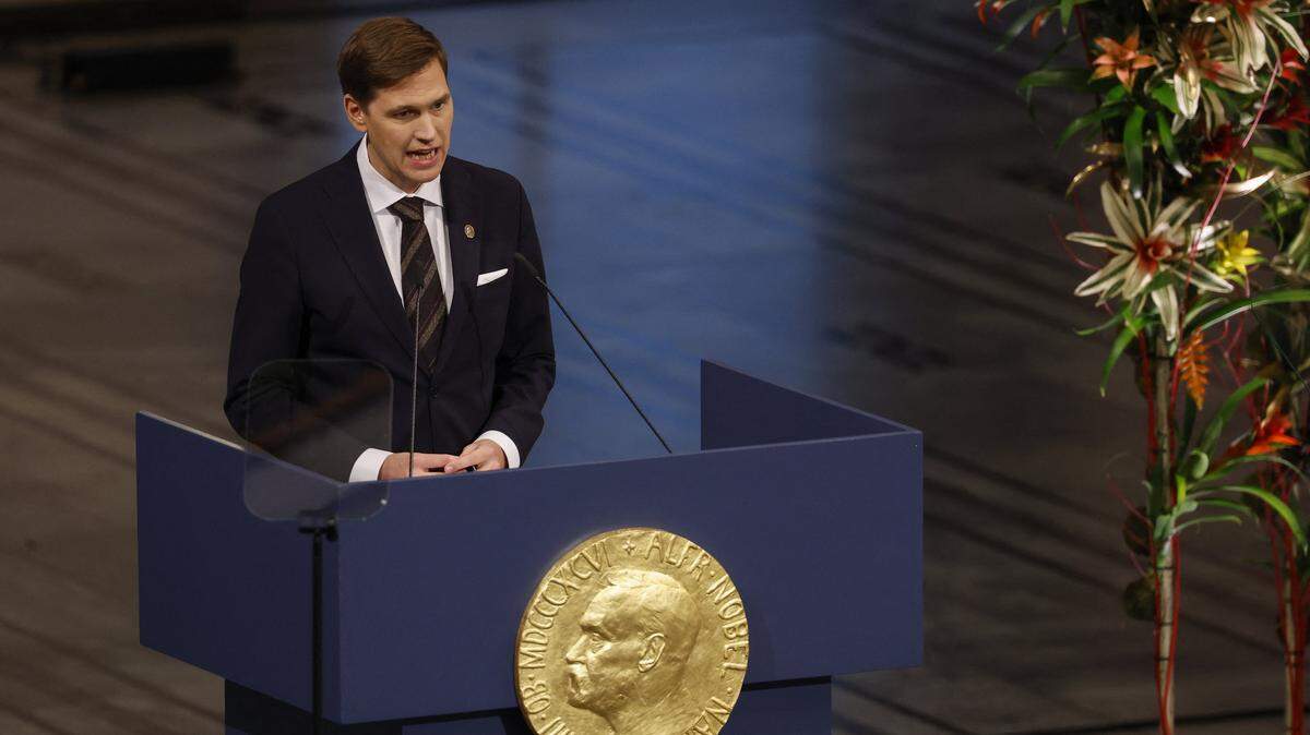The Chair of the Norwegian Nobel Committee Jorgen Watne Frydnes speaks at the Nobel Peace Prize ceremony at Oslo City Hall on December 10, 2025 in Oslo, Norway. The 2025 Nobel Peace Prize was awarded to Machado for her efforts to bring democracy to Venezuela, challenging the iron-fisted rule of Venezuelan President Nicolas Maduro, who has been president since 2013. (Photo by Odd ANDERSEN / NTB / AFP via Getty Images)