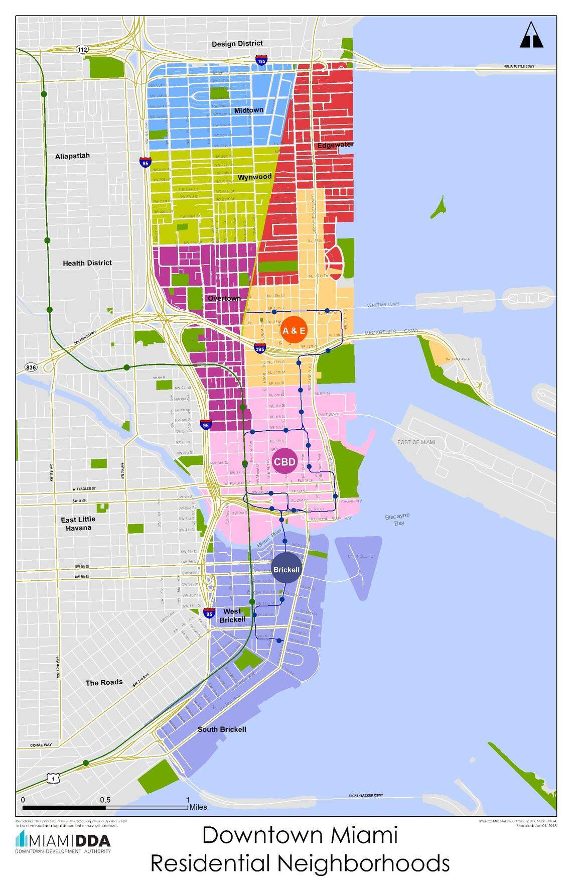 La zona del downtown de Miami tien 3.8 millas cuadradas, está bordedada por la I-195 en el norte, y el Viaducto Rickenbacker en el sur.