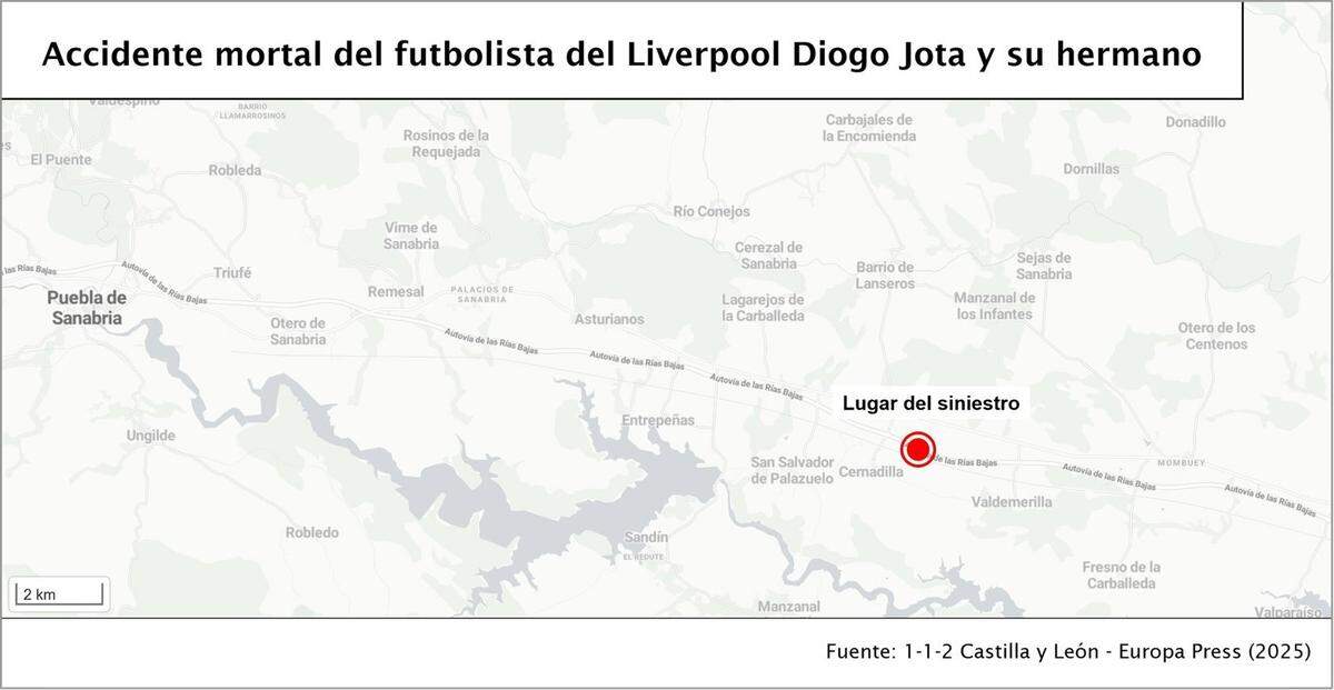 Mapa del lugar donde del accidente. El futbolista portugués que milita en el Liverpool FC inglés, Diogo Jota, y su hermano, André Silva, que forma parte de la plantilla del Penafiel luso han fallecido a primera hora de la madrugada de este jueves en un accidente de circulación en la carretera A-52 a la altura del término zamorano de Cernadilla. Europa Press / Europa Press 03 JULIO 2025;EPDATAINFOGRAFIA;DATOS;MAPA 03/7/2025