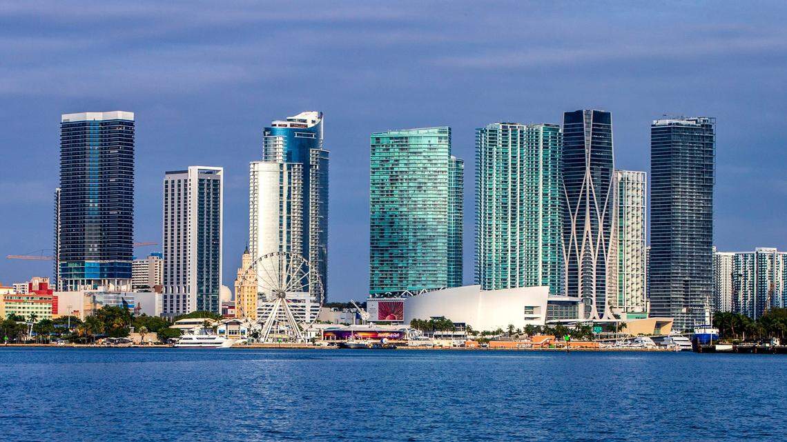 Miami skyline, including Bayside Market Place, Freedom Tower and the Miami Heat arena.