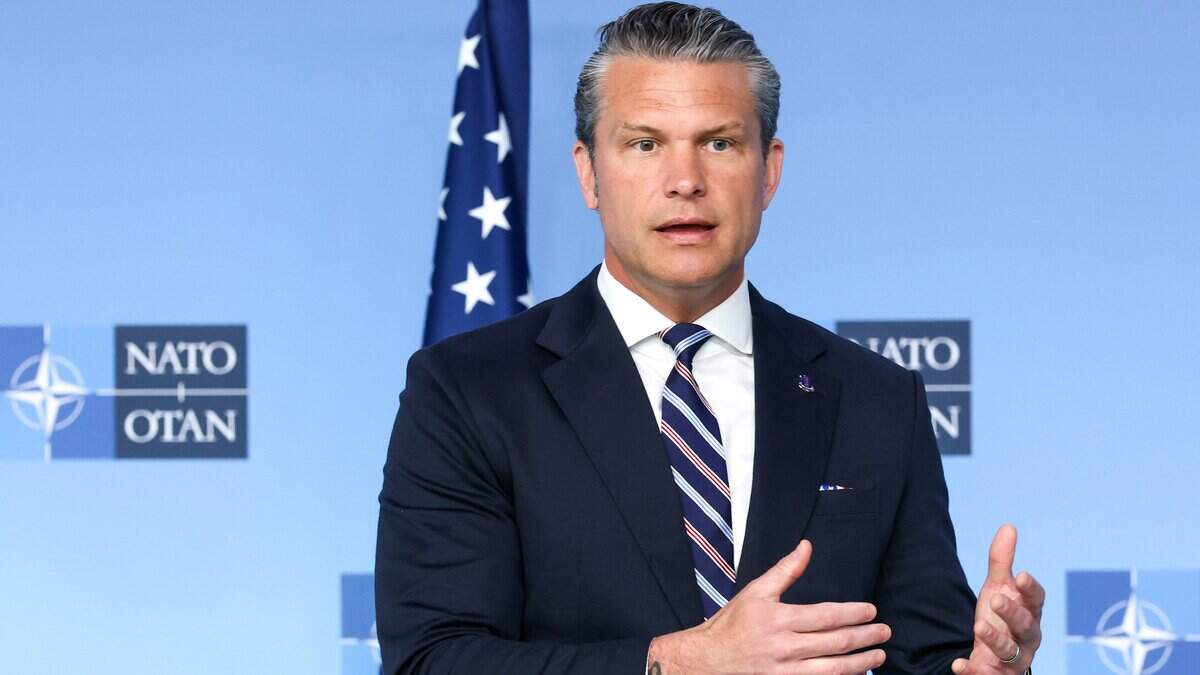 BRUSSELS, BELGIUM - JUNE 18: United States Secretary of War Pete Hegseth gives a statement as he arrives for a NATO Defence Ministers meeting on June 18, 2026 in Brussels, Belgium. NATO Secretary General Mark Rutte has said the priority for Thursday's meeting is to demonstrate "building a stronger Europe in a stronger NATO." The meeting comes following this week's G7 Leader's Summit in France, where the group reaffirmed it's solidarity with Ukraine, agreeing to increase defence support. (Photo by Omar Havana/Getty Images)