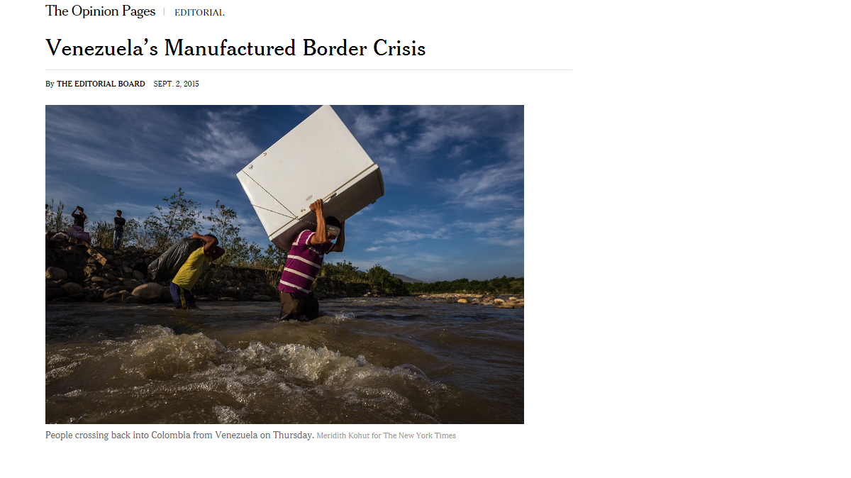 Imagen del editorial publicado por The New York Times, en donde critica al gobierno venezolano de Nicolás Maduro por crear una crisis con Colombia para desviar la atención de la terrible situación económica que vive Venezuela. 