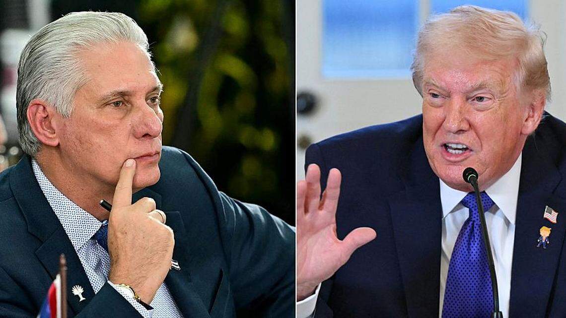 El presidente de Estados Unidos, Donald Trump, lanzó el domingo 11 de enero de 2026, varias advertencias a Cuba, liderada por el gobernante Miguel Díaz-Canel (izq.), entre las que se encuentra que el flujo de petróleo y dinero desde Venezuela se ha terminado.
