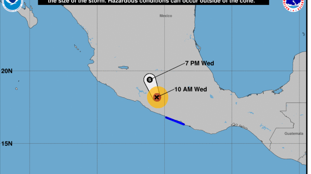 Imagen del Centro Nacional de Huracanes que muestra la ubicación del huracán Otis a las 10 a.m. el miércoles 25 de octubre de 2023, en México.
