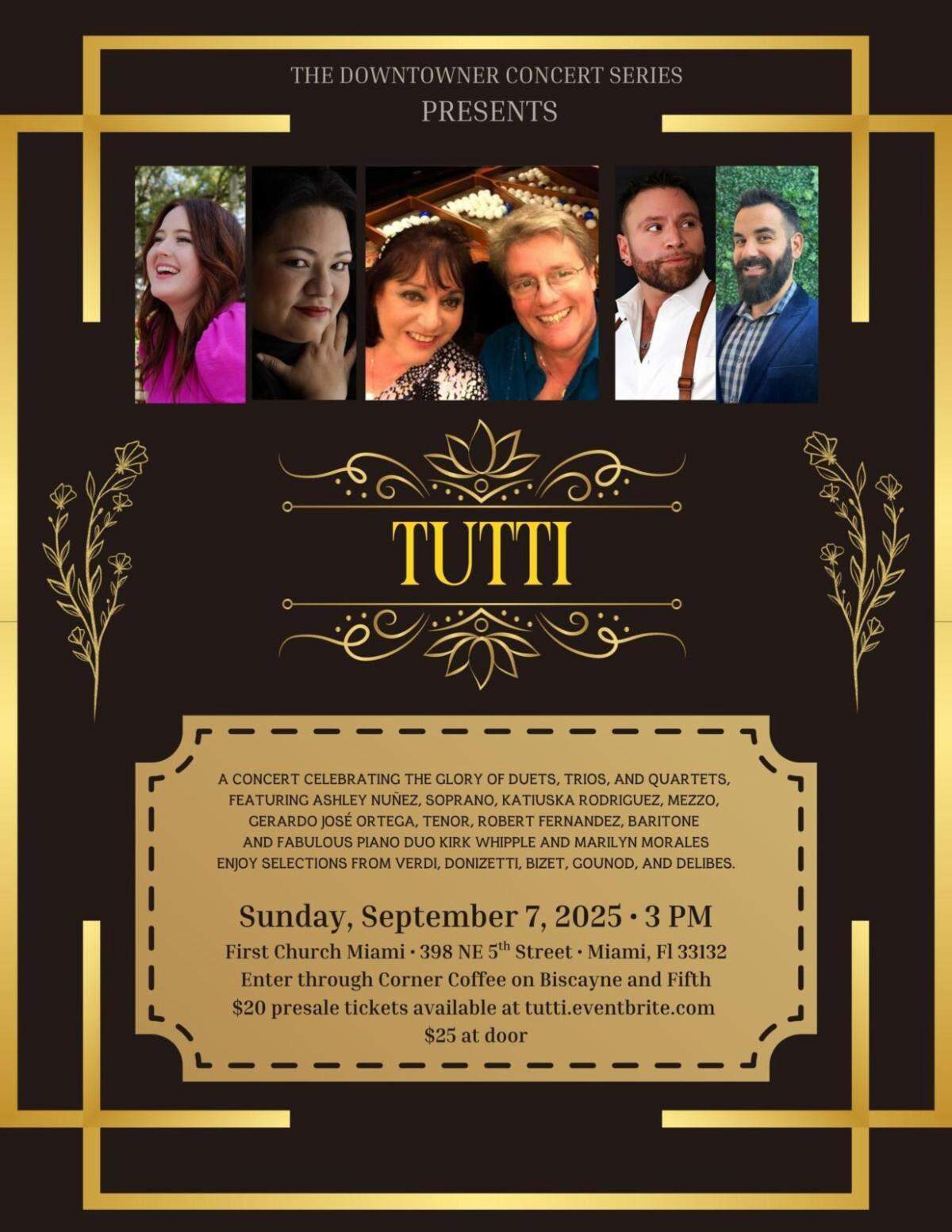 “Tuti” un concierto que celebra la gloria de los duetos, tríos y cuartetos en First Church Miami.