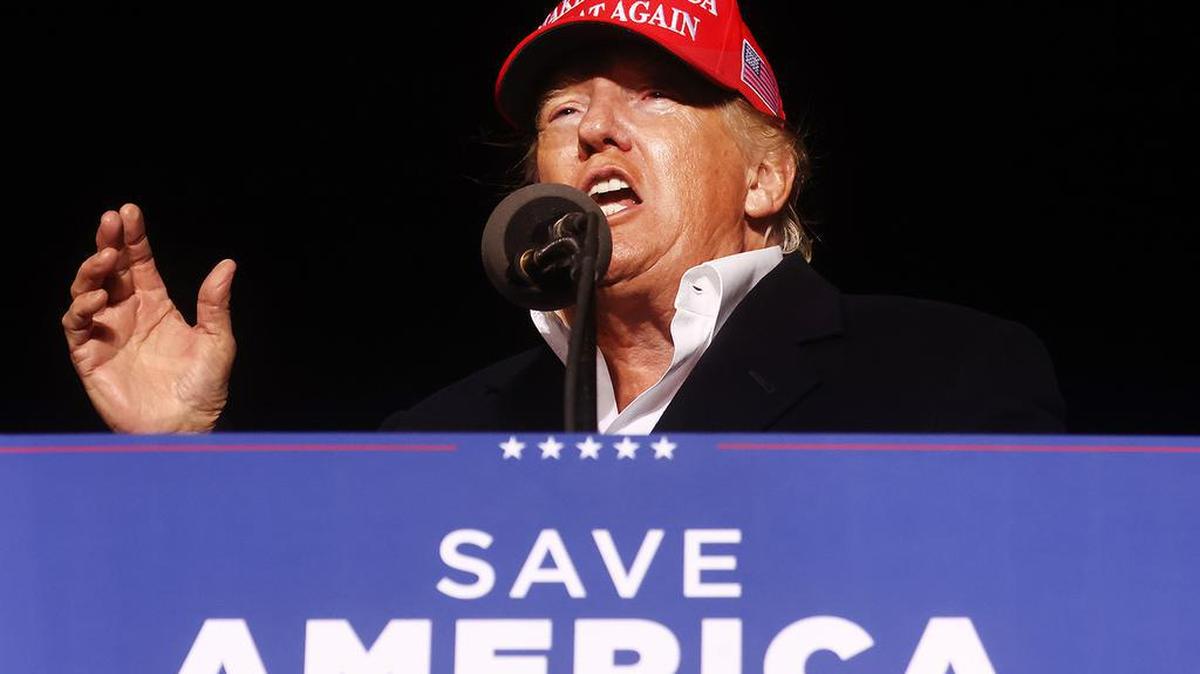 Former President Donald Trump speaks at a rally at the Canyon Moon Ranch festival grounds last month in Florence, Arizona. (Mario Tama/Getty Images/TNS)