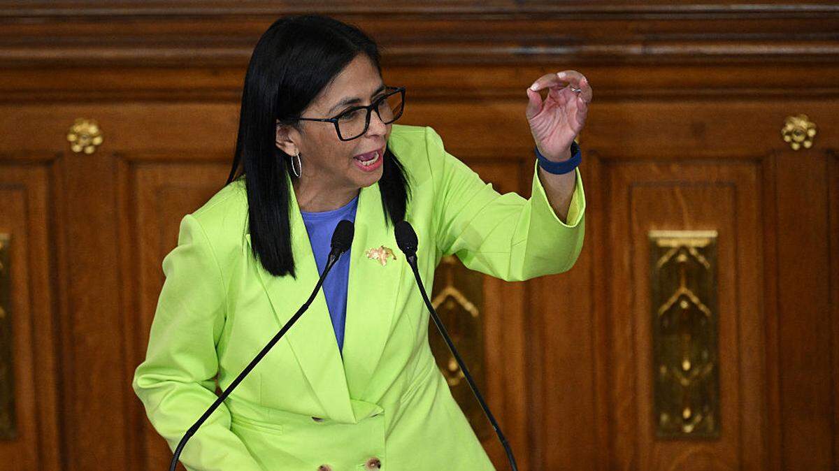 La presidenta interina de Venezuela, Delcy Rodríguez, habla en la Asamblea Nacional, el 15 de enero de 2026 en Caracas, Venezuela.   
