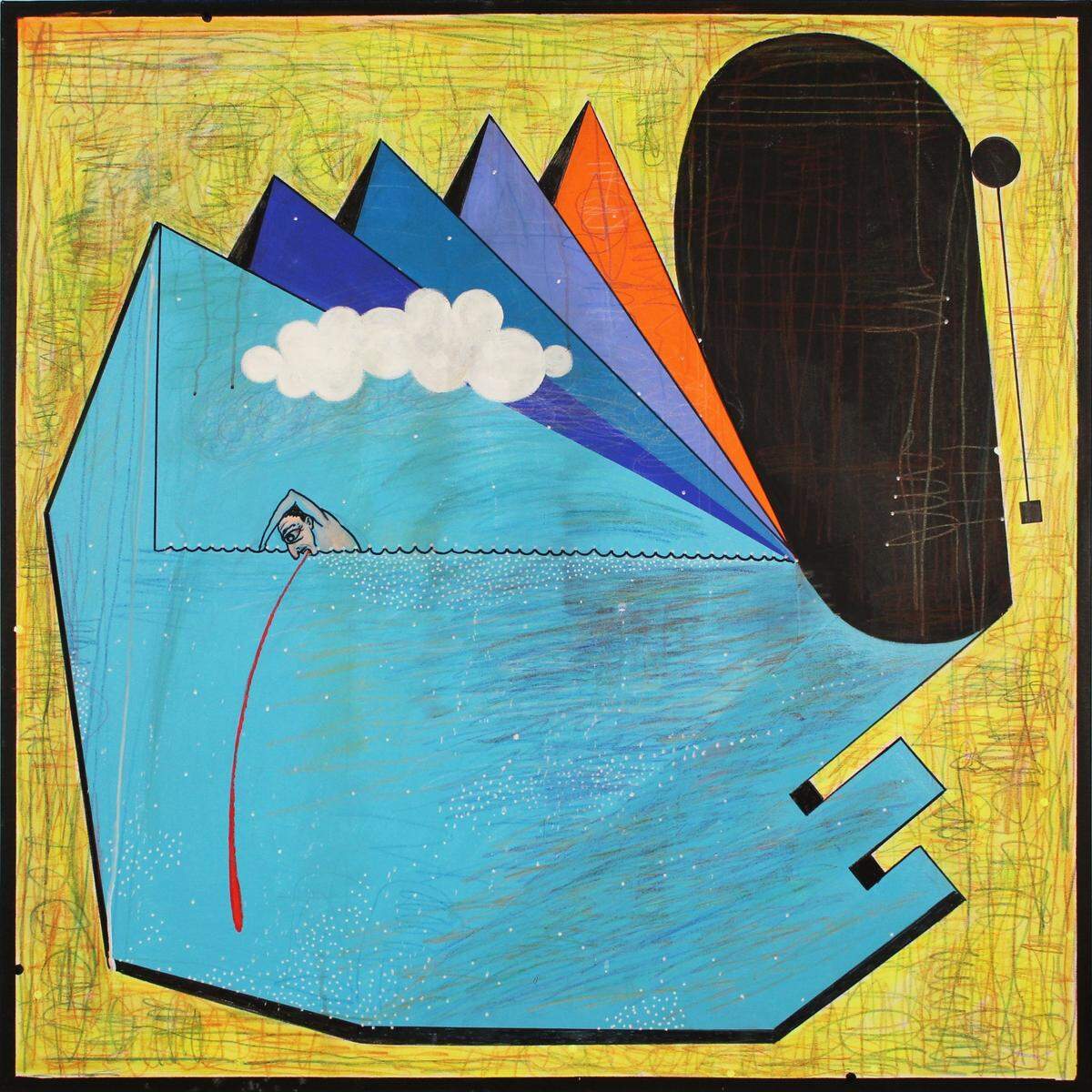 ‘Swimming Into Exile’, 2019, de Luis Cruz Azaceta, acrílico y lápices de colores sobre lienzo, 48 x 48 pulgadas.