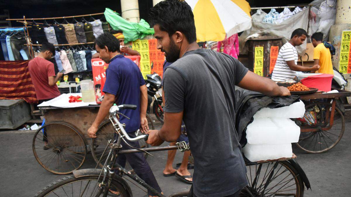 Un hombre transporte bloques de hielo en un día caluroso en Calcuta, India, el domingo 7 de abril de 2024.