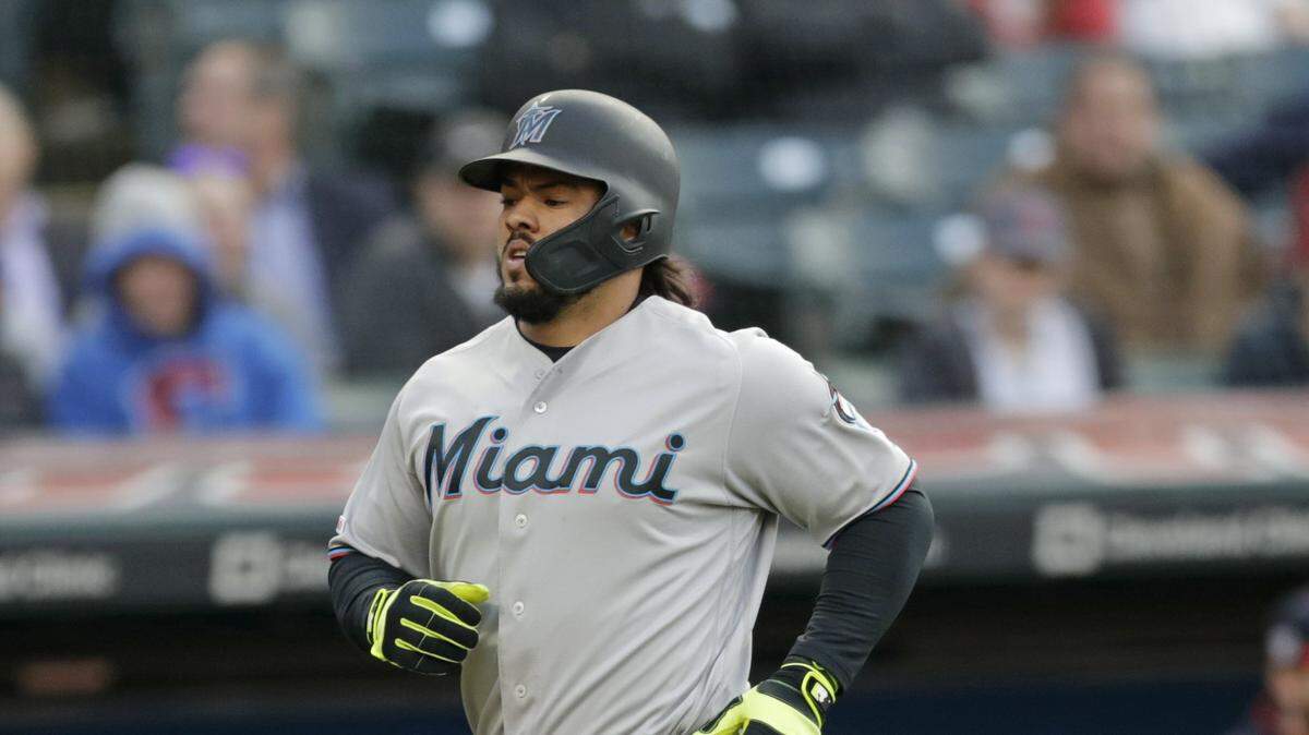Miami Marlins catcher Jorge Alfaro trots home after hitting a home run against the Cleveland Indians on Tuesday, April 23, 2019.