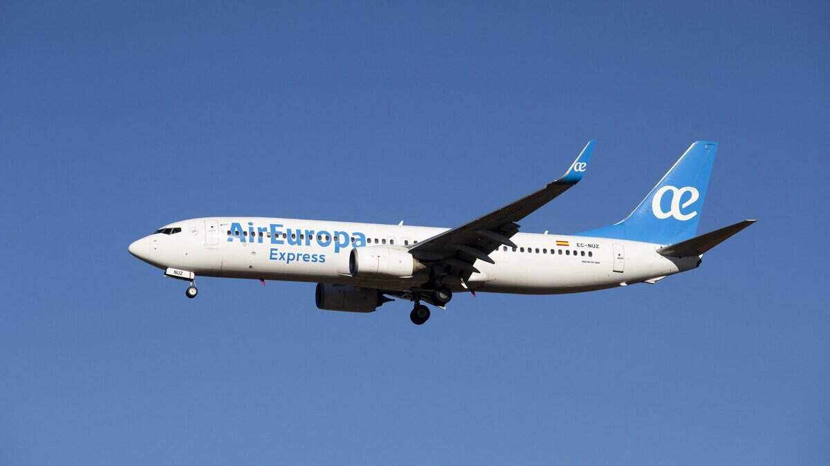 An Air europa Express plane lands at Palma de Mallorca airport on November 29, 2025. (Photo by Jaime REINA / AFP via Getty Images)