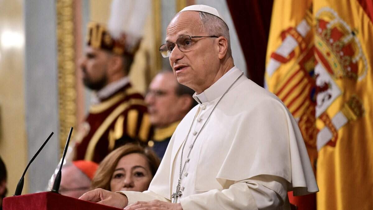 Pope Leo XIV delivers a speech during a joint session of the Spanish Parliament at the Congress of Deputies in Madrid on June 8, 2026. Pope Leo XIV is visiting Spain June 6-12 with stops in Madrid, Barcelona, and the Canary Islands, where he will meet with migrants and organisations dedicated to helping them. (Photo by Stefano RELLANDINI / AFP via Getty Images)