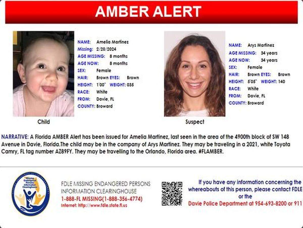 Una Alerta Amber se emitió el miércoles 21 de febrero de 2024 a nombre de la niña de ocho meses Amelia Martínez y de su madre, Arys María Martínez, de 34 años. La bebé se encontró a salvo un día después que su padre se la llevó de una guardería infantil.