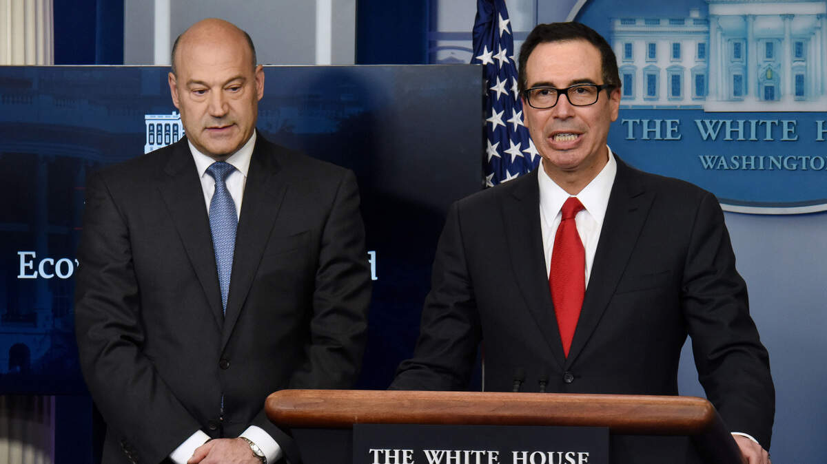 Treasury Secretary Steven Mnuchin, right, during a press briefing at the White House on April 26, 2017, in Washington, D.C.