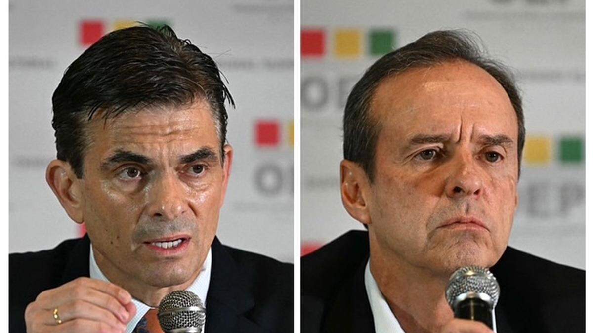 Los candidatos presidenciales Rodrigo Paz (izq.), del Partido Demócrata Cristiano, y Jorge Quiroga, de Alianza Libre, ofrecen una conferencia de prensa en el Hotel Real Plaza en La Paz, Bolivia, el domingo 12 de octubre de 2025.