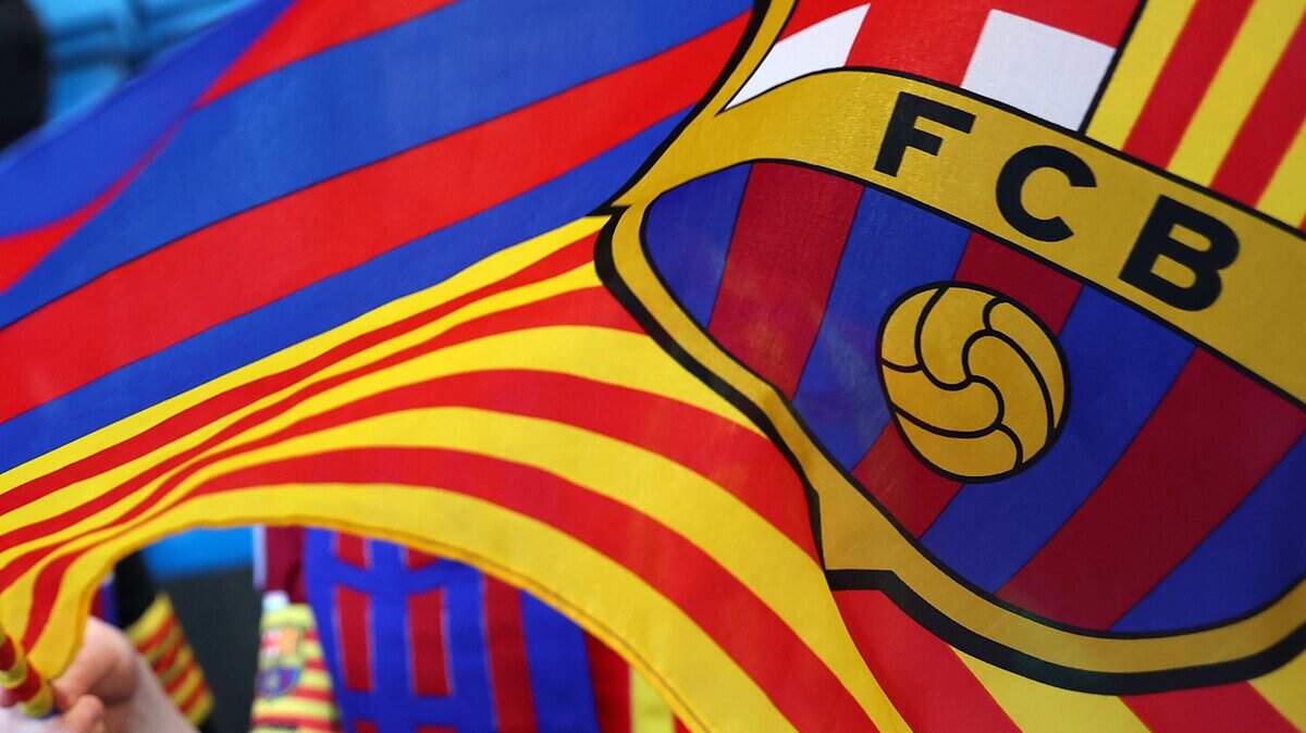 OSLO, NORWAY - MAY 23: A detailed view of a FC Barcelona flag in celebrations following the UEFA Women's Champions League Final 2026 match between FC Barcelona and OL Lyonnes at Ullevaal Stadion on May 23, 2026 in Oslo, Norway. (Photo by Kate McShane/Getty Images)