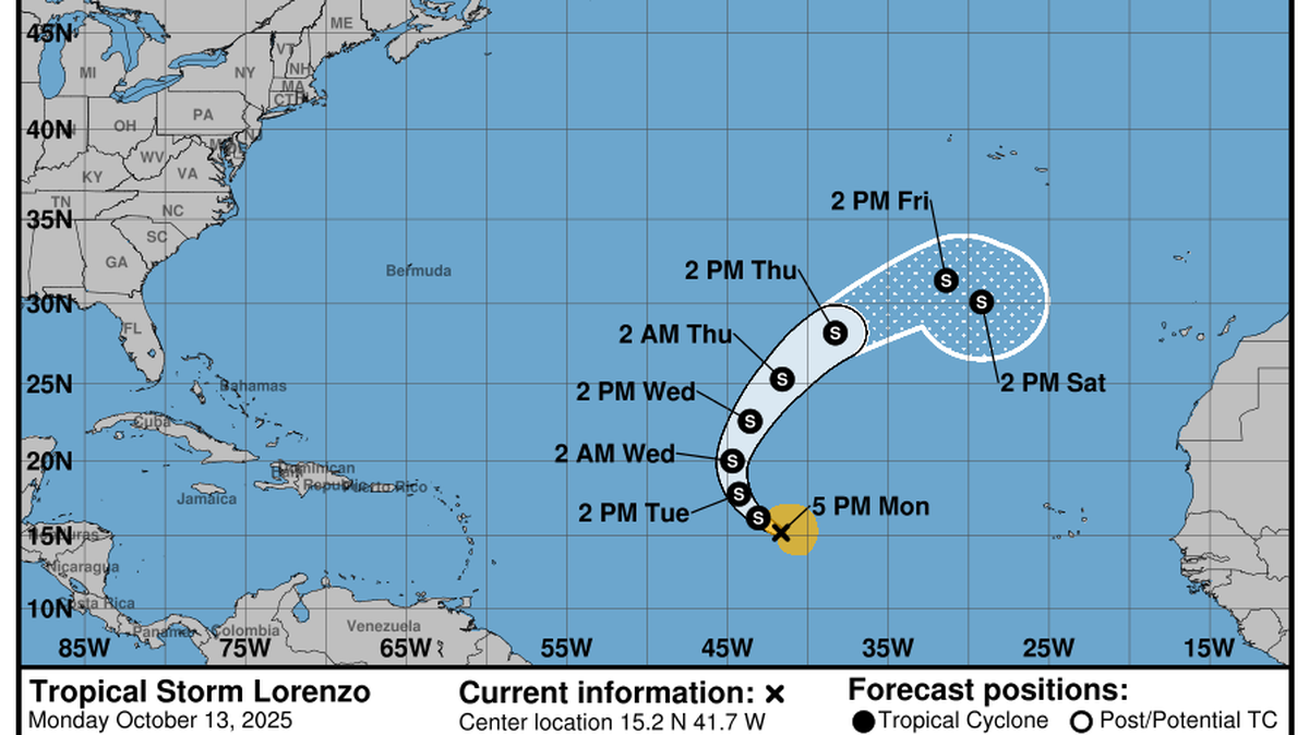 Los vientos máximos sostenidos de la tormenta Lorenzo aumentaron de 45 mph (75 Km/h) a 50 mph (85 Km/h) en la tarde del 13 de octubre de 2025.