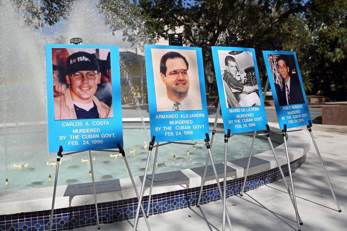 Photos of Brothers to the Rescue pilots Carlos Costa, Amando Alejandre Jr., Mario de la Peña and Pablo Morales displayed at Florida International University. The pilots were shot down in international water by Cuban Air Force MIG jet fighters on February 24, 1996.