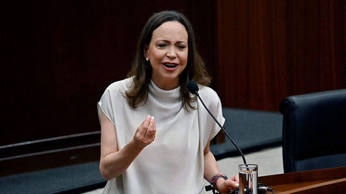 La líder opositora venezolana María Corina Machado da un discurso ante la Asamblea Nacional de Panamá, el 25 de mayo de 2026, en Ciudad de Panamá.